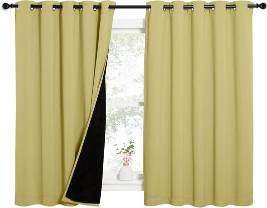 NICETOWN 100% Blackout Curtains with Black Liners, Thermal Insulated Full Blackout 2-Layer Lined Drapes, Energy Efficiency Window Draperies for Bedroom (Paler Yellow, 2 Panels, 62-inch W by 63-inch L)
