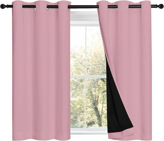 NICETOWN 100% Blackout Short Curtains with Black Liners, 2 Panels, 37" W by 40" L, Crystal Pink, Thermal Insulated Full Blackout 2-Layer Lined Drapes, Energy Efficiency Window Draperies for Bedroom