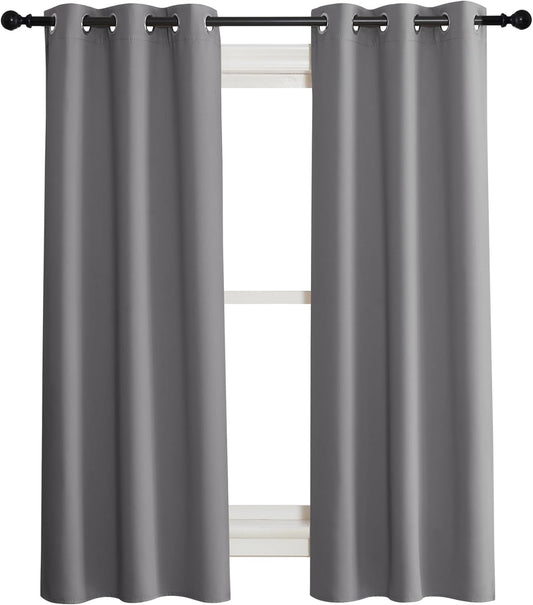 NICETOWN 100% Blackout Short Curtains with Black Liners, 2 Panels, 37" W by 50" L, Grey, Solid Thermal Insulated Full Blackout 2-Layer Lined Drapes, Energy Efficiency Window Draperies for Bedroom