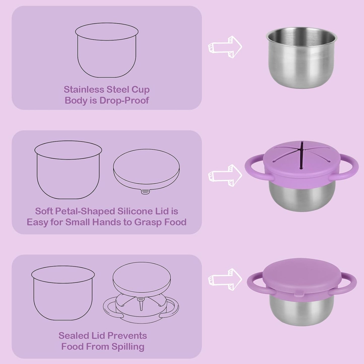 2 Pack Snack Cups for Toddlers Spill Proof - Detachable Stainless Steel Toddler Snack Cups with Silicone Lids & Handles - Dishwasher Safe Baby Snack Containers for Mess-Free Snacking (Red and Purple)