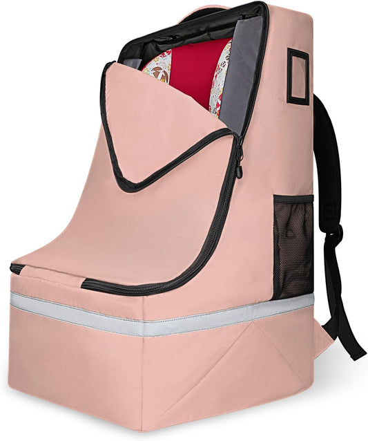 Car Seat Travel Bag for Airplane,Infant Seat Travel Bag with Shoulder Strap,Padded Car Seats Backpack with Reflective Stripes,Large Carseat Carrier Bag Travel Car Seat Cover,Flesh Pink