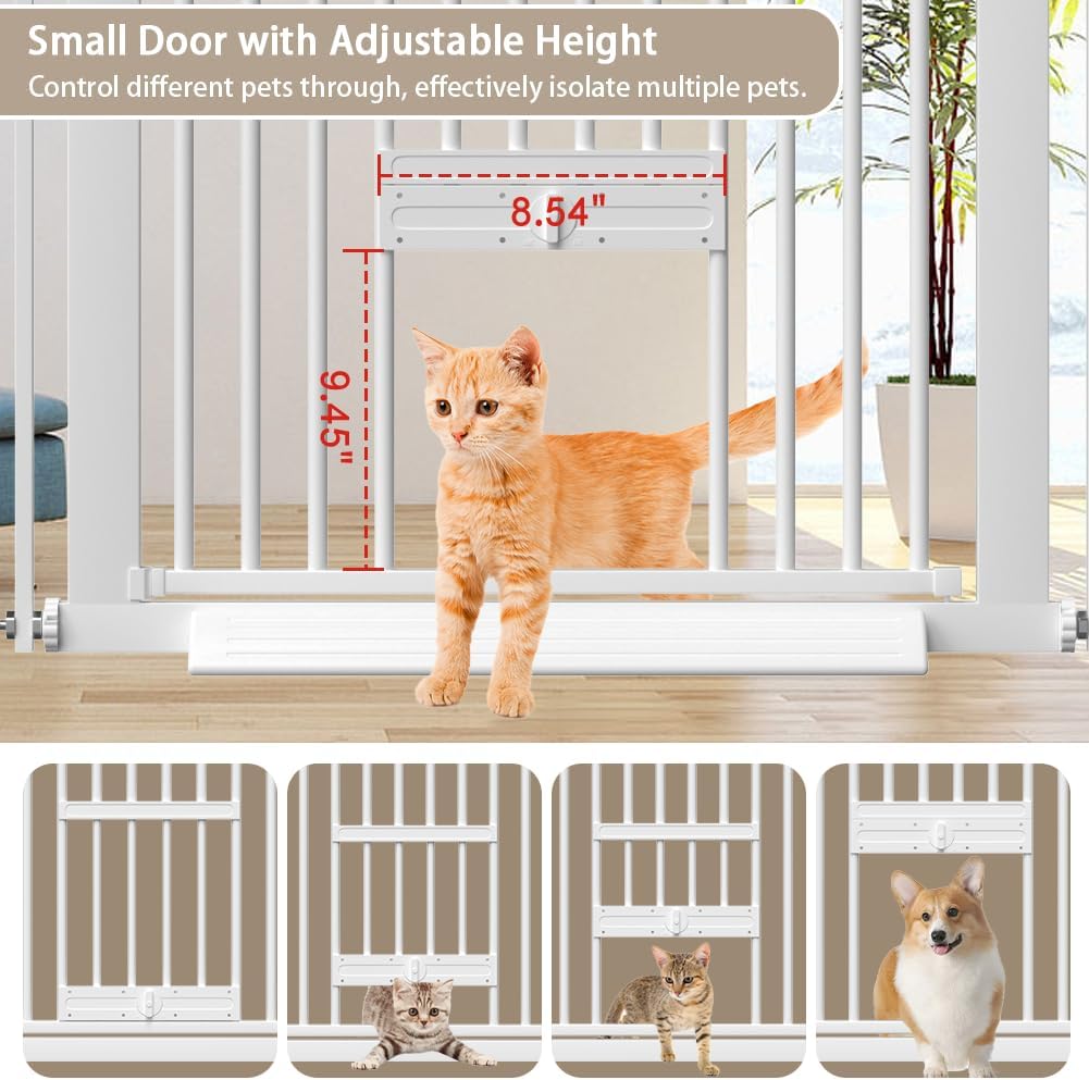 40.55" Tall 1.37" Ultra Narrow Spacing 30.12-34.06" Dogs Pets Baby Gate with Cat Door for Doorway Safety Proof Indoor Extra Wide Puppy Pressure Mounted No Drill White Black Metal Hallway