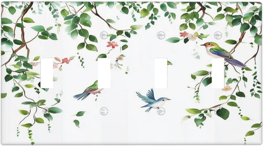 Light Switch Covers Green Leaves Bird Eucalyptus Sage Plant Quad Toggle Electrical Faceplate 4 Gang Wall Plate Decorative Switch Plates For Bed Room Living Room Decor