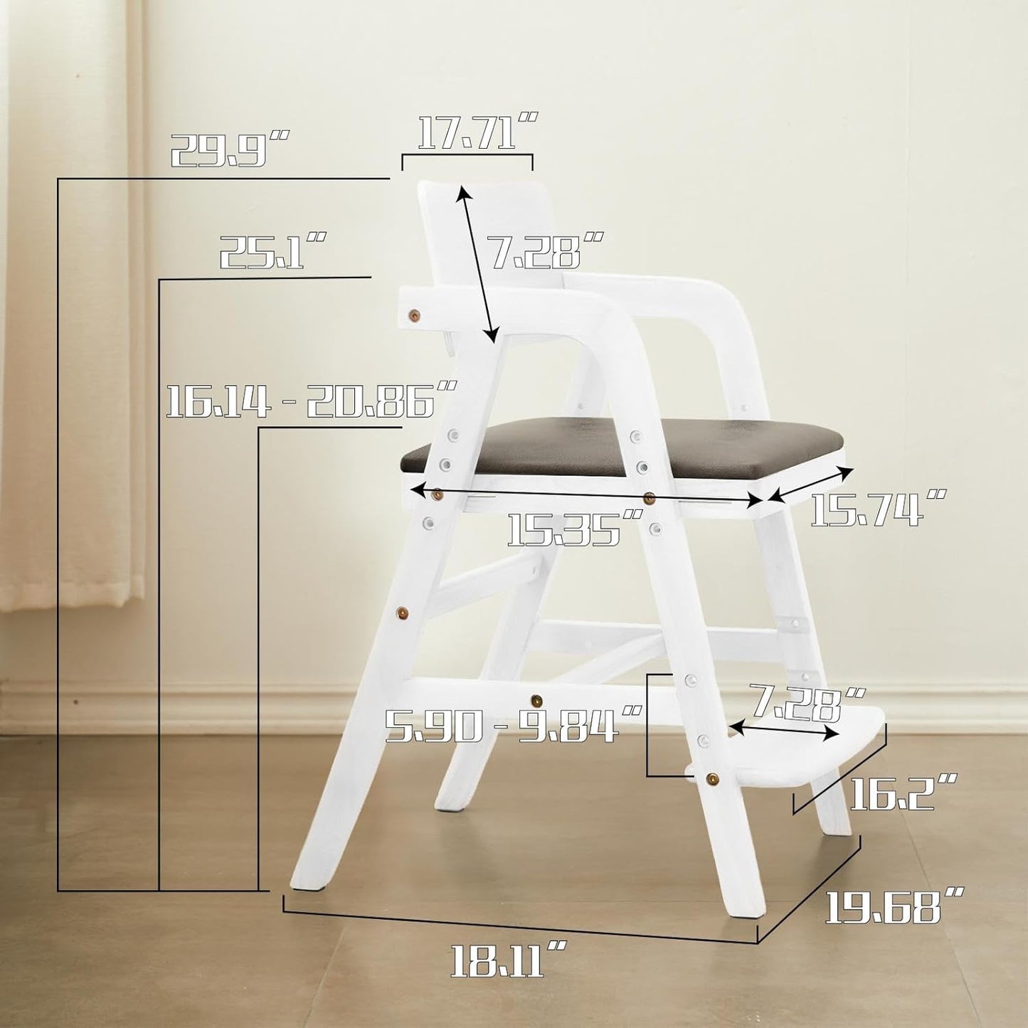 Solid Wood high Chairs for Toddlers,High Chair Grows with Kid for Dining, Study Chair for Children, White