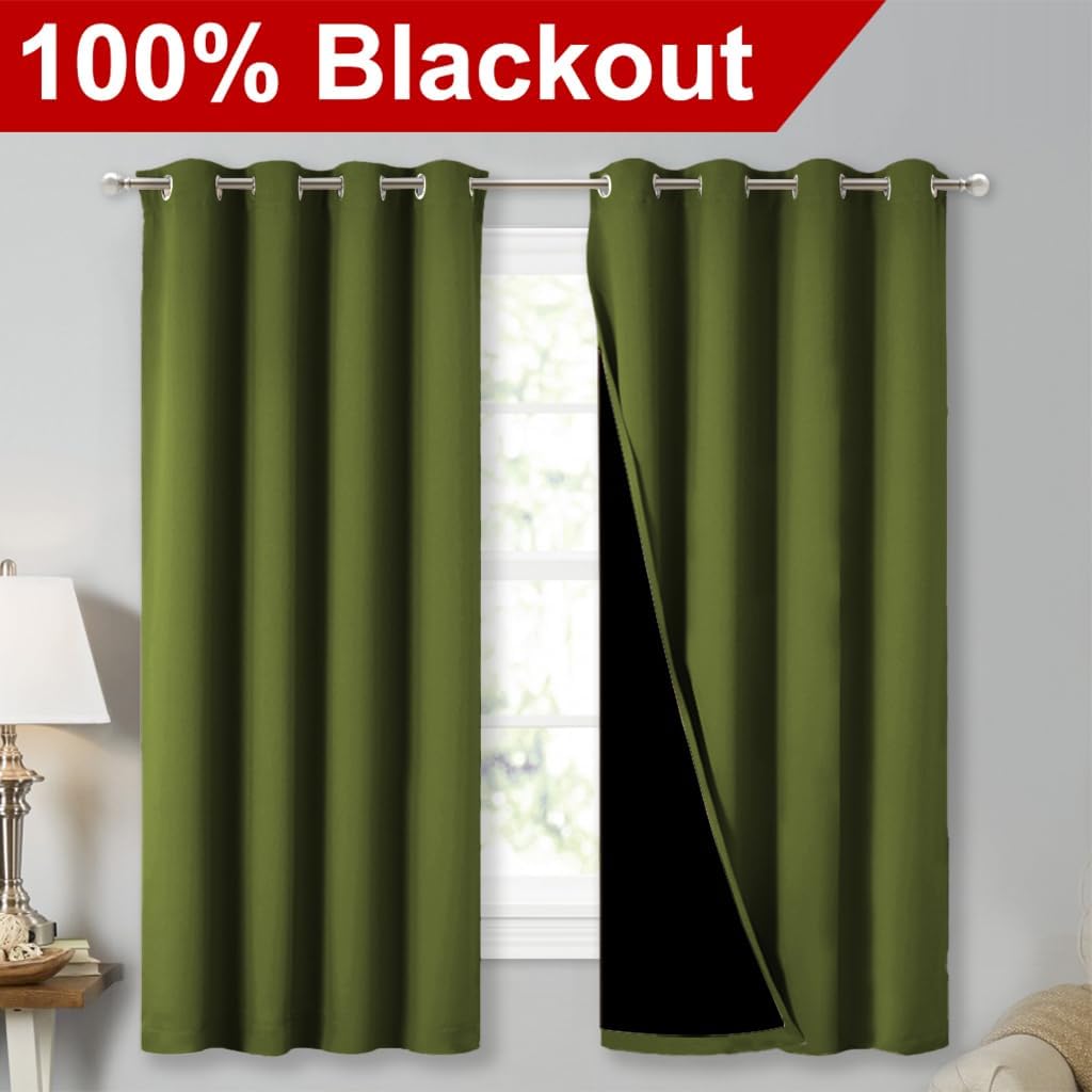 NICETOWN 100% Blackout Curtains 54" Long, Olive Green, 1 Pair, 52" Width Each Panel, Double-Deck Completely Blackout Window Treatment Thermal Insulated Lined Drapes for Small Window