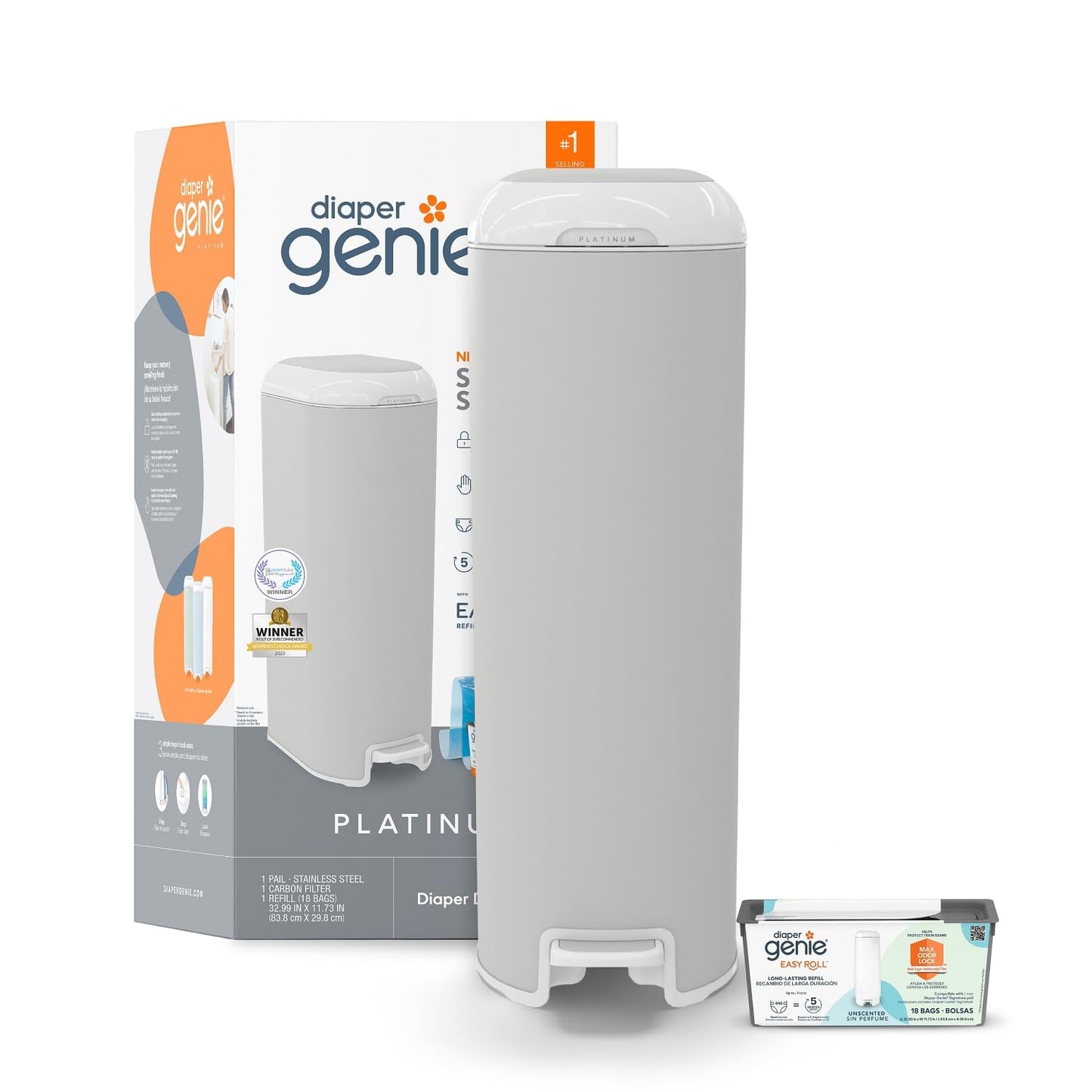 Diaper Genie Platinum Pail (Stone Grey) is Made in Durable Stainless Steel and Includes 1 Easy Roll Refill with 18 Bags That can Last up to 5 Months.
