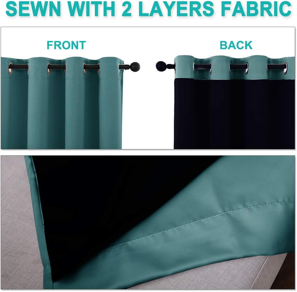 NICETOWN 100% Blackout Short Curtains with Black Liners, 2 Panels, 37" W by 60" L, Sea Teal, Solid Thermal Insulated Full Blackout 2-Layer Lined Drapes, Energy Efficiency Window Draperies for Bedroom