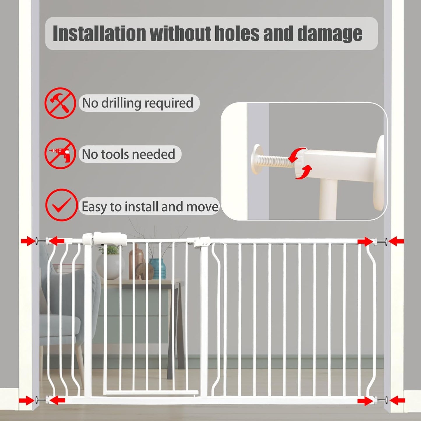Extra Wide Baby Gate, 57.5-62 Inch - White Metal, Pressure Mounted Indoor Safety Gate, Walk-Through Dog Gate for Kids & Pets