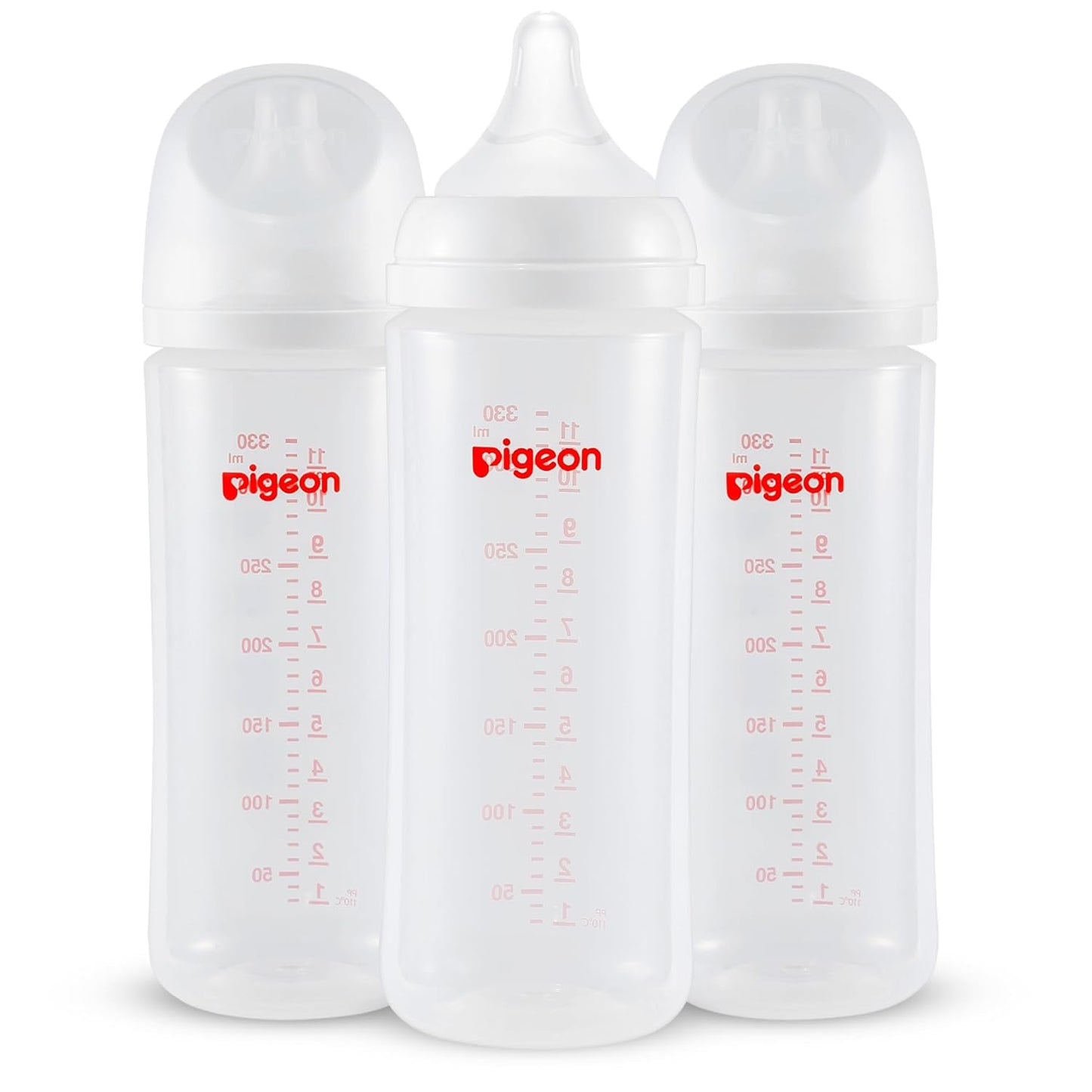Pigeon PP Nursing Bottle Wide Neck, Anti-Colic, Streamlined Body, Natural Feel, Easy to Clean, 11.2 Oz (Pack of 3), Includes 3pcs L Nipples (6m+)