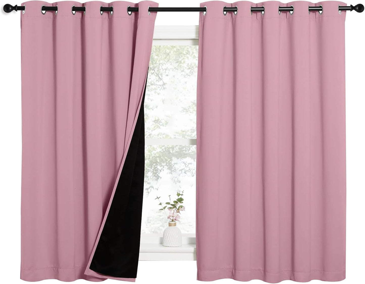 NICETOWN 100% Blackout Curtains with Black Liners, Thermal Insulated Full Blackout 2-Layer Lined Drapes, Energy Efficiency Window Draperies for Bedroom (Crystal Pink, 2 Panels, 62-inch W by 63-inch L)
