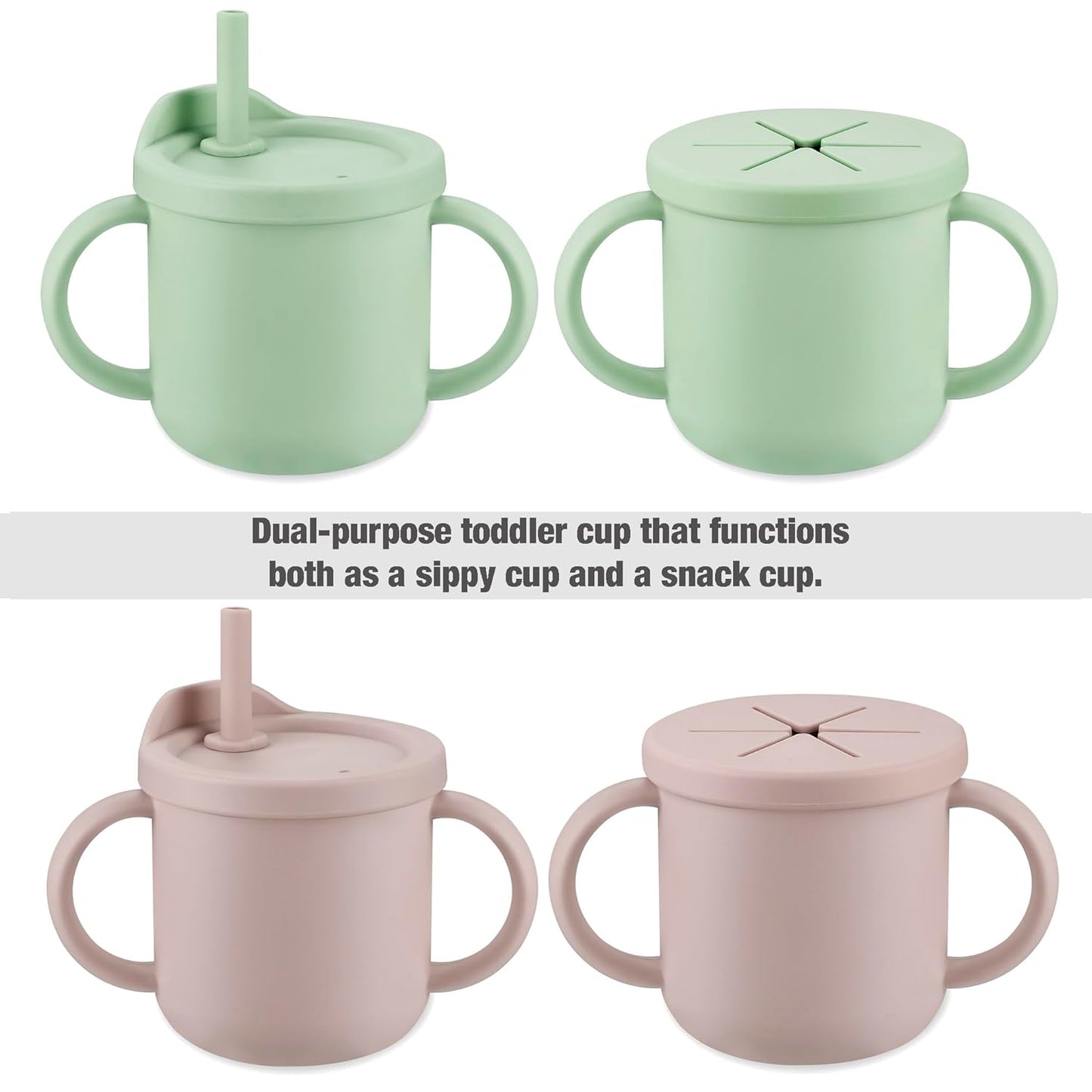 PandaEar 2 Pack Silicone Baby Straw & Snack Cup with 2 Spoons 2 Forks, Dual-Purpose Toddler Training Cups, Pink Green