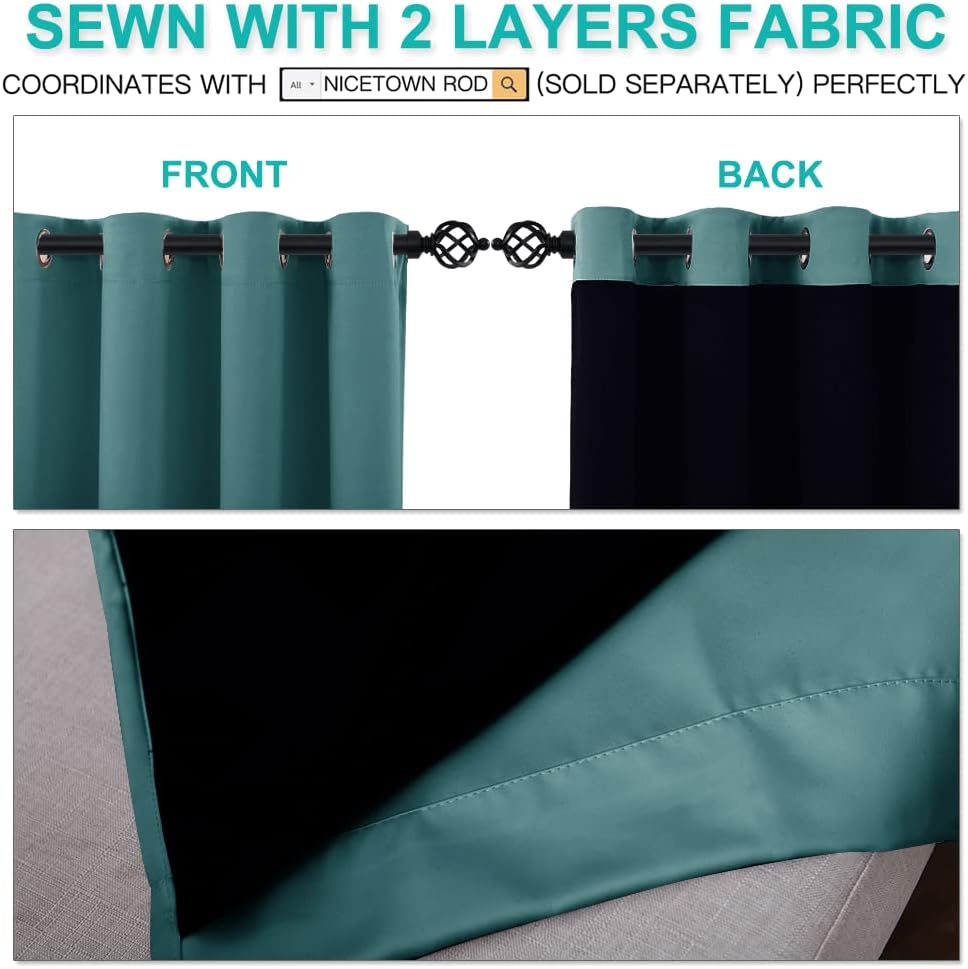 NICETOWN 100% Blackout Curtains with Black Liners, Thermal Insulated 2-Layer Lined Drapes, Room Warming Window Draperies for Dining Room (Sea Teal, 2 Panels, 52 inches W by 54 inches L per Panel)