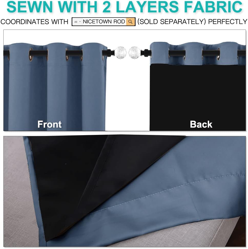 NICETOWN Insulated 100% Blackout Curtains, Noise Reducing Performance Drapes with Black Lining, Full Light Blocking Draperies for Overnight Shift Worker (Stone Blue, 1 Pair, 52 inches x 95 inches)