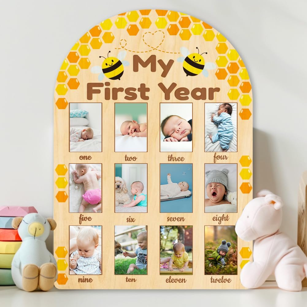 ORIGACH My First Year Baby Growth Photo Display Wood Board - 12 Months Newborn Milestones Photo Board - Neutral Baby Keepsake Board 1st Birthday Party Nursery Decor New Mom Gift - Bee