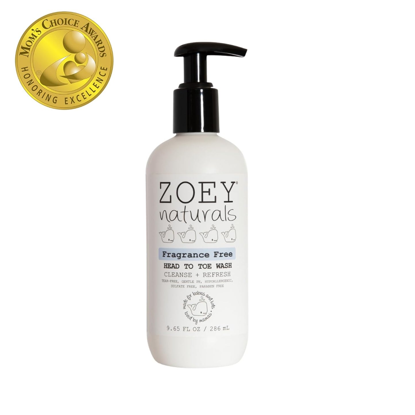 Zoey Naturals Fragrance-Free Head to Toe Baby & Toddler Wash – Tear-Free Body Wash and Shampoo with Gentle pH for Sensitive Skin – 9.65 oz