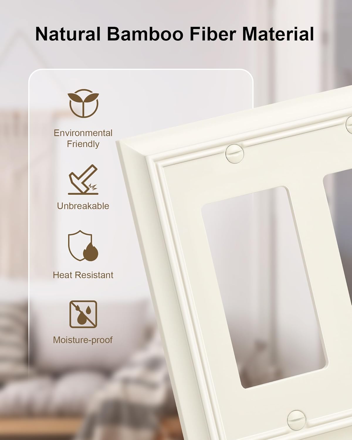 2-Pack Quad Decorator Wall Plate, Light Almond Decorative Switch Plates and Outlet Covers, Natural Bamboo Fiber 4 Gang Wall Plate for Electrical Outlets, Receptacle, GFCI Outlet, Dimmer Switch