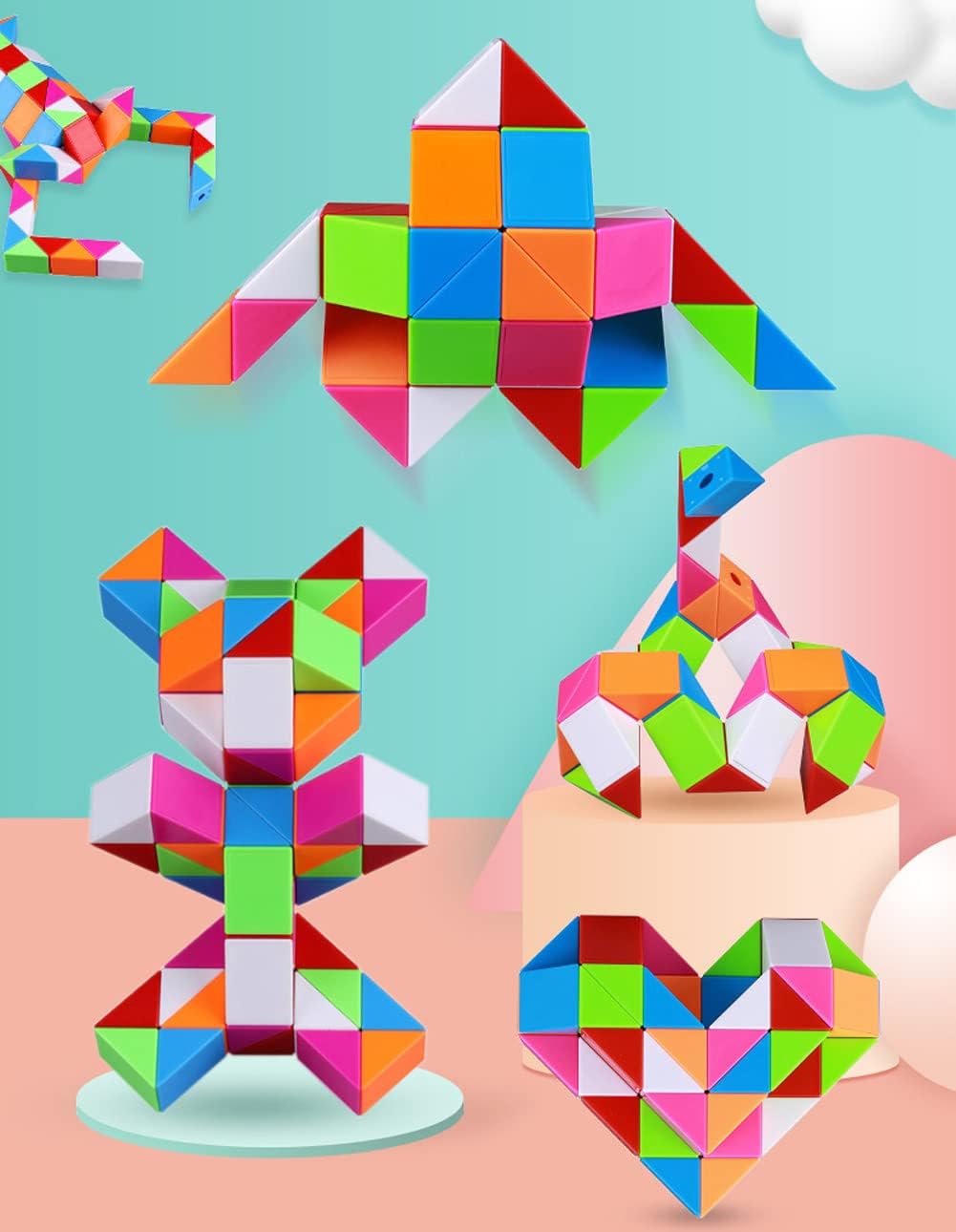 Fidget Magic Snake Cube Puzzles Twist Ruler Speed Cubes Brain Teaser Game Toys for Kids (24 Block 1PACK)