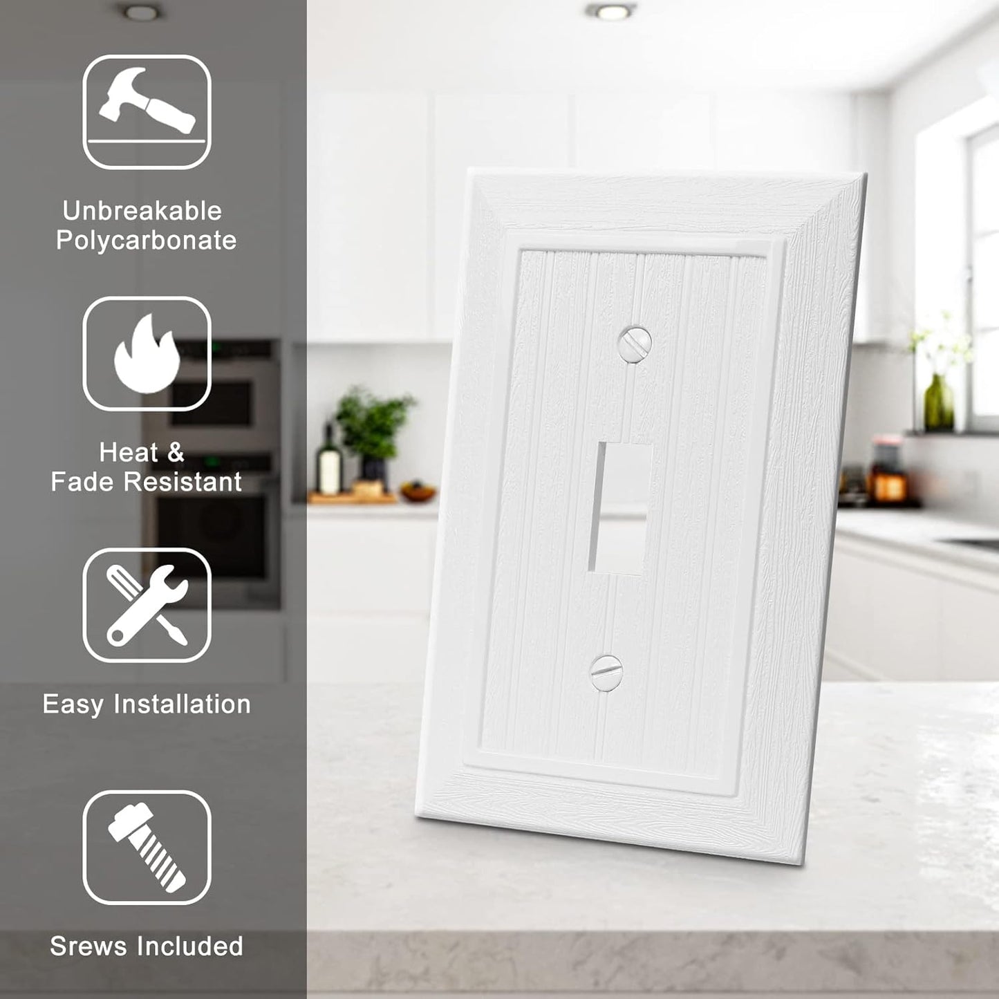 Modern Decorative Wall Plate Switch Plate Outlet Cover, Vintage Retro Wood Grain Design(Single Toggle-4 Pack, White)