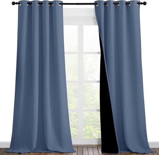 NICETOWN Insulated 100% Blackout Curtains, Noise Reducing Performance Drapes with Black Lining, Full Light Blocking Draperies for Overnight Shift Worker (Stone Blue, 1 Pair, 46 inches x 90 inches)