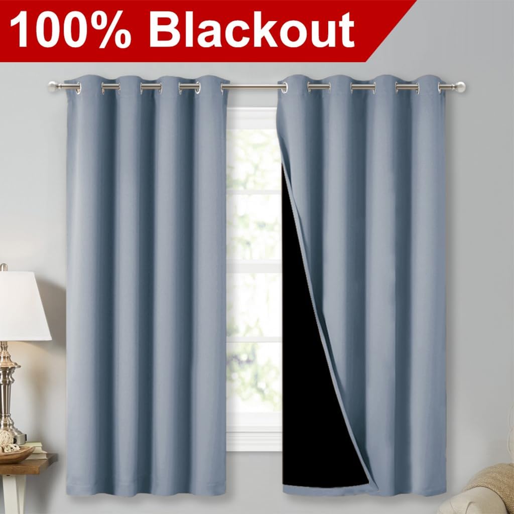 NICETOWN 100% Blackout Curtains 54 inches Long, Vintage Blue, 1 Pair, 52 inches Width Each Panel, Double-Deck Completely Blackout Window Treatment Thermal Insulated Lined Drapes for Small Window