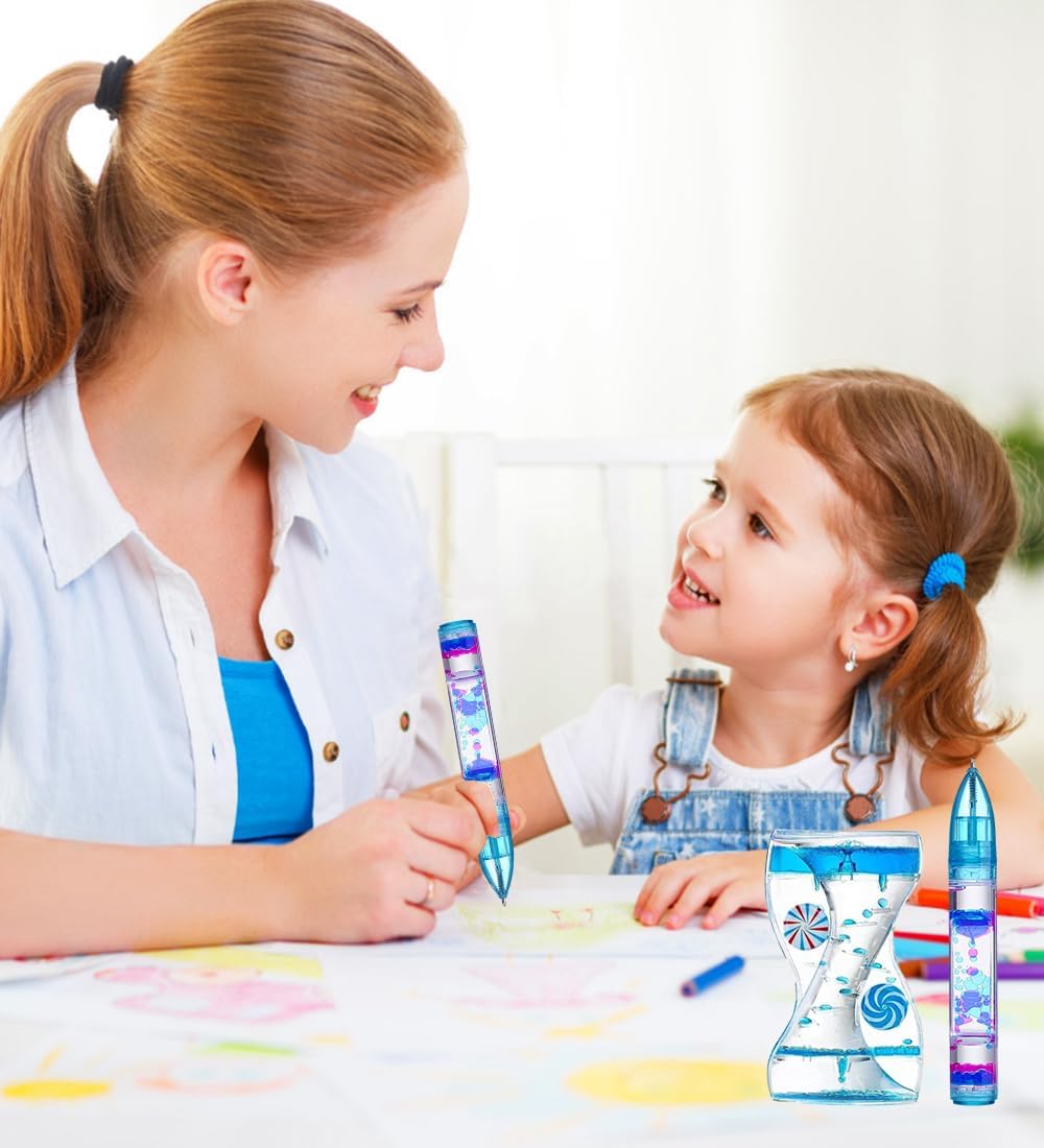 Liquid Motion Bubbler Pens Duple Wheel Colorful Timer Fidget Pens for Kids Sensory Toys Liquid Motion Bubbler Pen for Stress Relief and Anxiety Desk Toys Bubbler Timer Gifts for Kids 2 Pack Blue