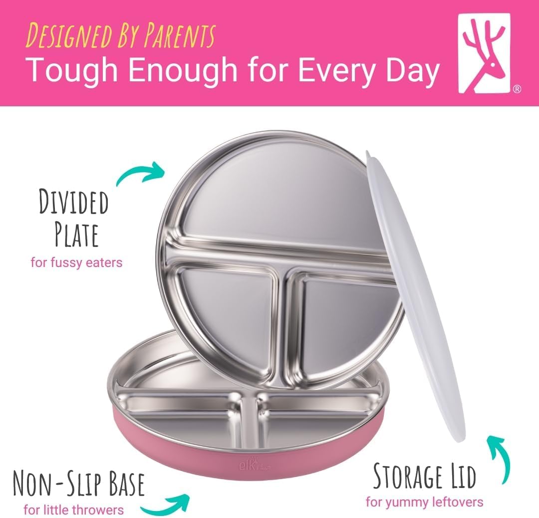 Stainless Steel Divided Plates + Silicone Sleeve and Storage Lid | Baby, Toddler, Kids | Dinner & Snack Plates | 2 Pack