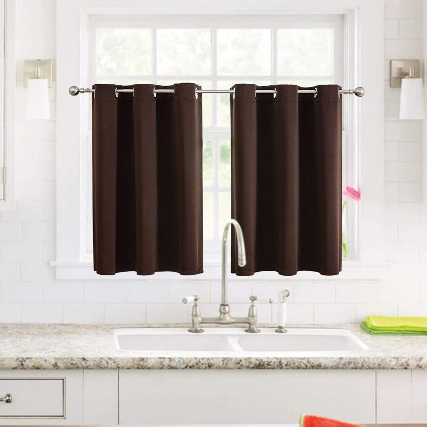 ChrisDowa Small Window Curtains for Kitchen and Bedroom - Grommet Short Thermal Insulated Room Darkening Curtains (2 Panels, Brown, 34 x 36 Inch)