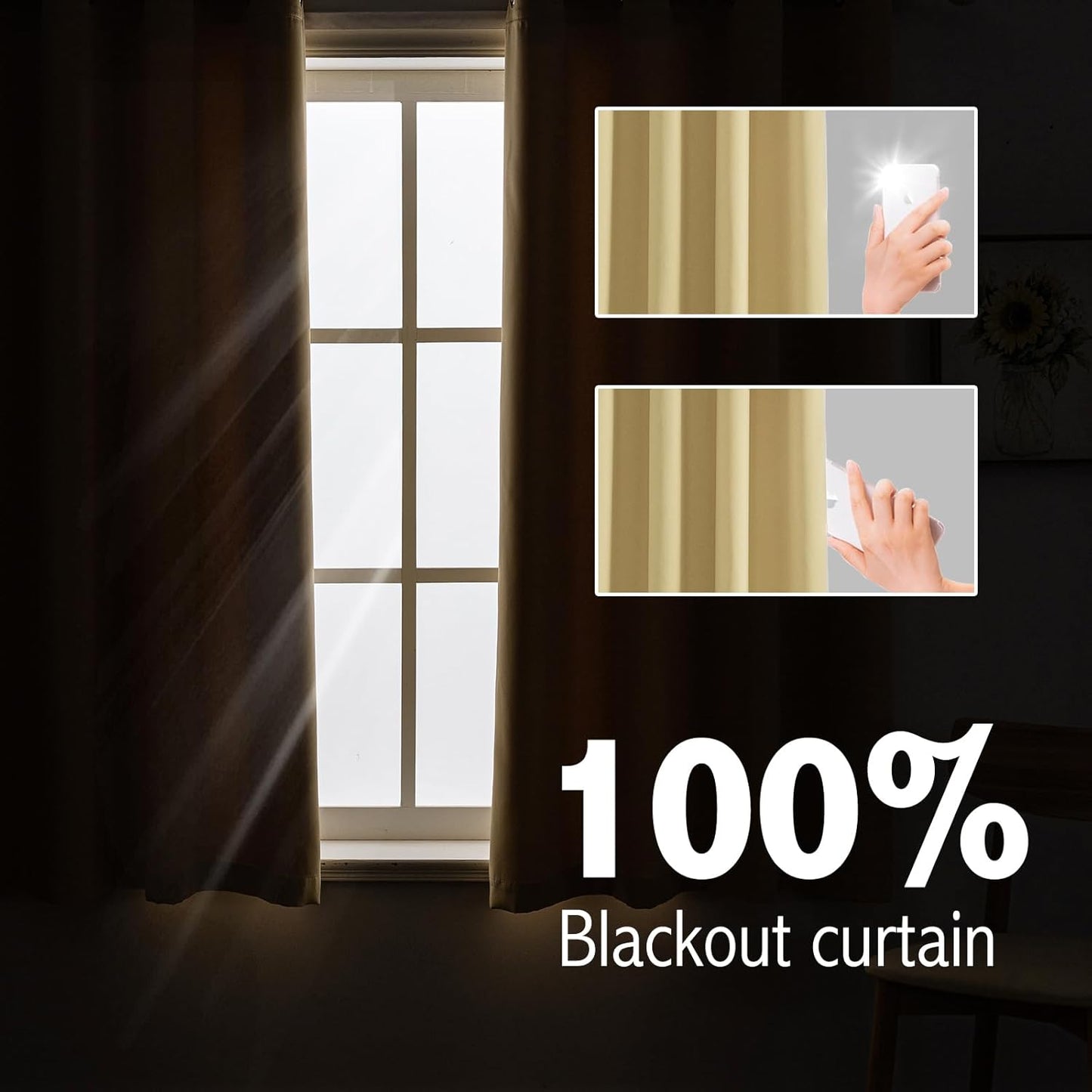 Anytime 100% Blackout Curtain Set, Thermal Insulated & Energy Efficiency Window Draperies for Guest Room, Full Shading Panels for Shift Worker and Light Sleepers（Beige, 2 Panels, 42W x 45L）