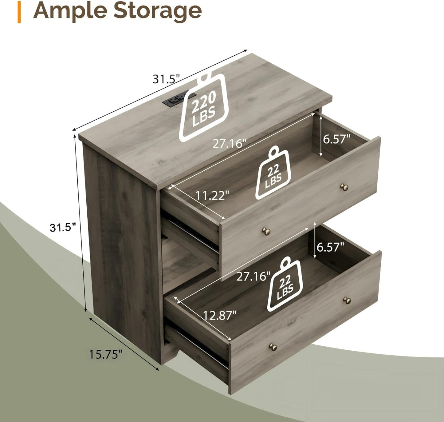 VINGLI 3 Drawer Dresser with Charging Station, Small Dresser Grey Chest of Drawers, 31.5" W Gray Wood Dressers for Bedroom, Living Room, Hallway, Home Office, 15.75" D x 31.5" W x 31.5" H