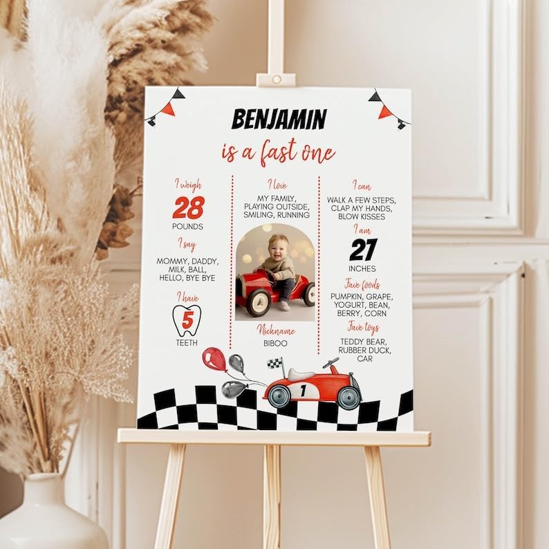 Personalized Fast One Birthday Milestone Photo Poster, Race Car 1St Birthday Milestone Sign, Racing Car Birthday Sign, Design 010