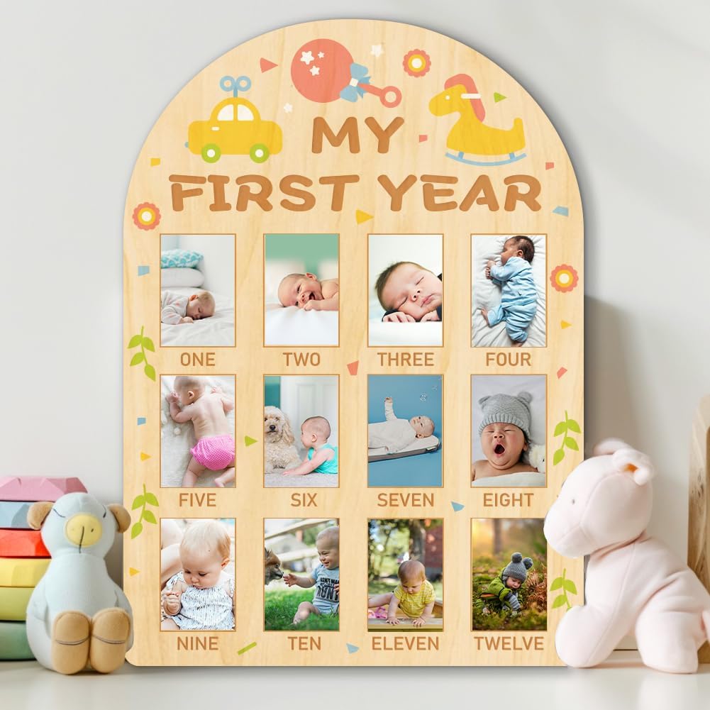 ORIGACH My First Year Baby Growth Photo Display Wood Board - 12 Months Newborn Milestones Photo Board - Neutral Baby Keepsake Frame 1st Birthday Party Nursery Decor New Mom Gift - Car & Rocking Horse