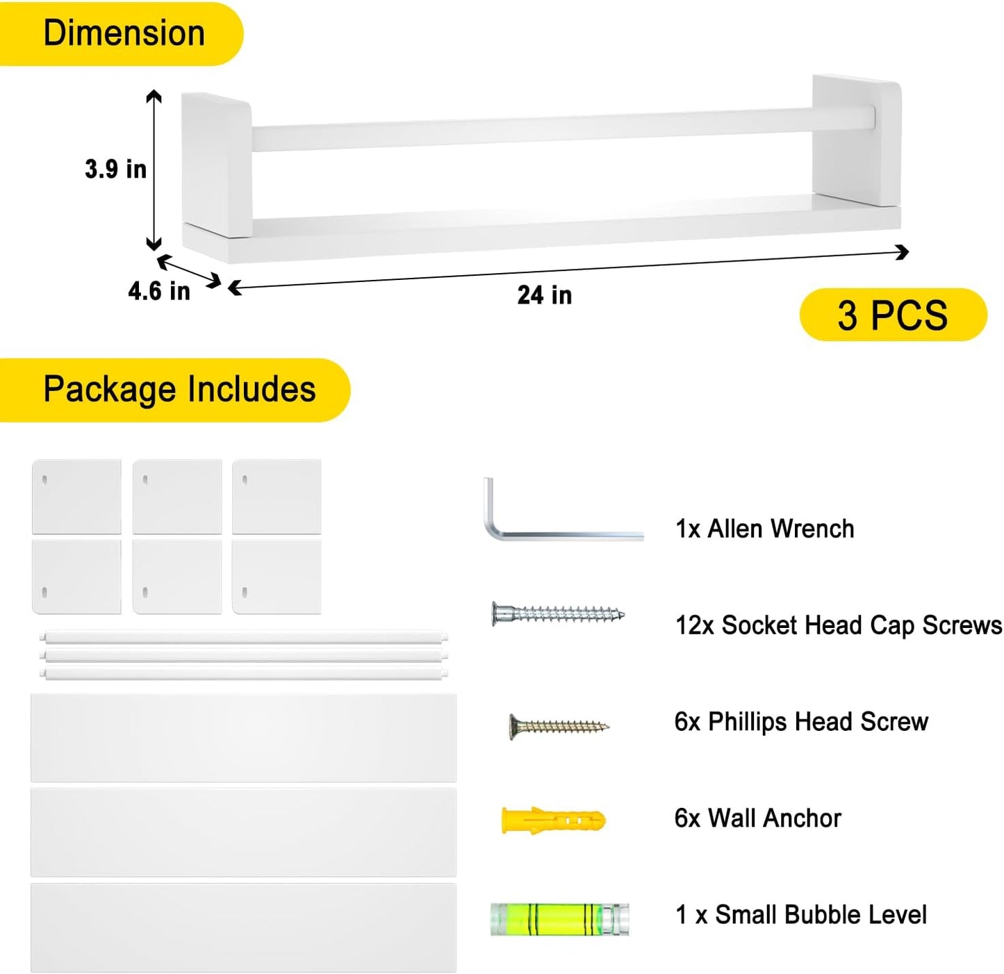 Nursery Floating Shelves for Kids Room, Wall Book Shelves for Kitchen Living Room, Book Shelf Wall Mounted for Baby Kids Bedoom Bathroom (White, 24inch Set 3)