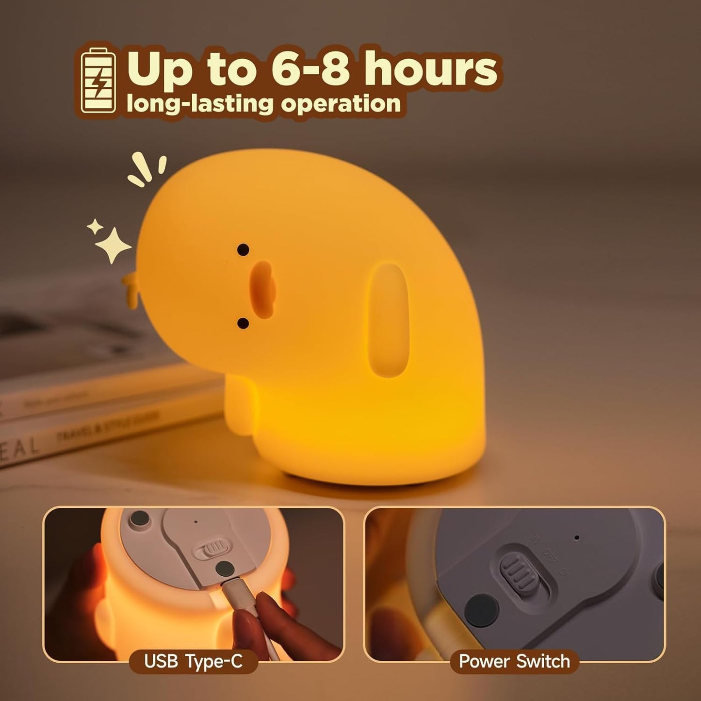 Cute Duck Lamp, Fun Lying Flat Animal Night Light - LED Squishy Novelty Duck/Chicken/Pig/Rabbit/Panda for Kids, Toddlers, Nursery - Touch Kawaii Room/House Decor