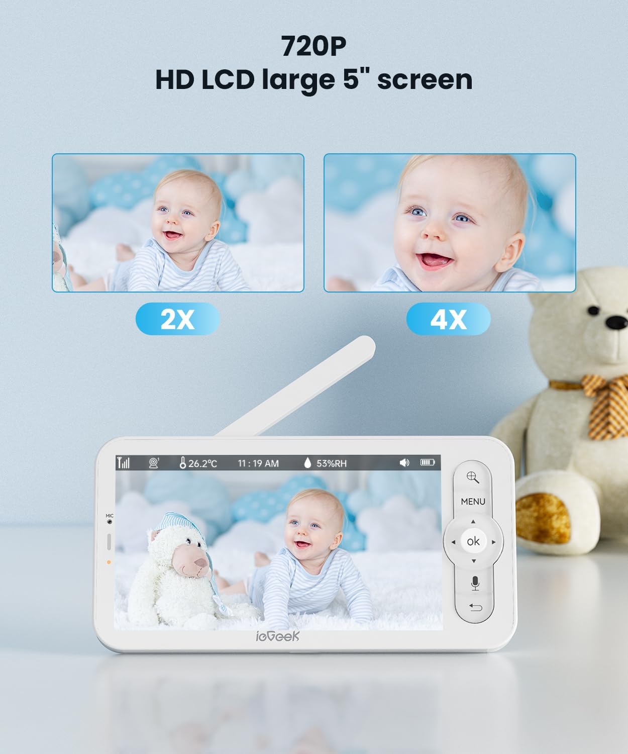 ieGeek Baby Monitor with Camera and Audio - 2K Video Monitor with 5" Screen - Night Vision, Two-Way Talk, Cry&Motion Detection, Temper& Humidity Sensor, PTZ, Remote Control via Screen and Free APP