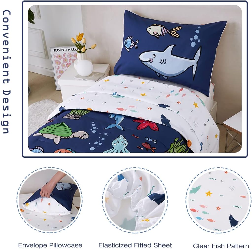 PERFEMET 4 Pieces Twin Bed in A Bag Navy Blue Ocean Animal Themed Kids Comforter Set for Boys Girls Soft Reversible Marine Life Bed Set with Kids Sheets(Navy Blue, Sharks/Dolphins/Fish)