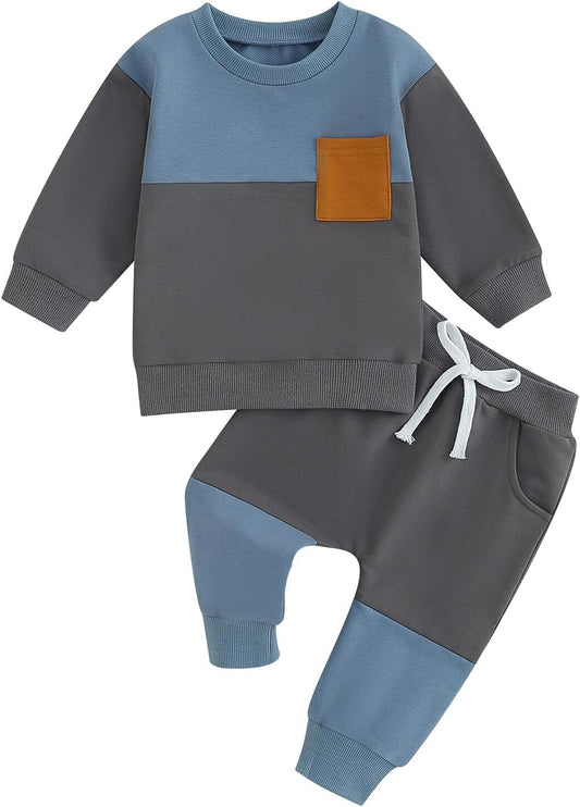 Kupretty Toddler Baby Boy Fall Winter Clothes Color Block Long Sleeve Sweatshirt Pullover Tops + Joggers Pants Outfit Set