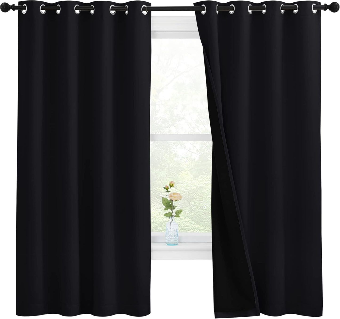 NICETOWN 100% Blackout Curtains with Black Liners, Thermal Insulated Full Blackout 2-Layer Lined Drapes, Energy Efficiency Window Draperies for Bedroom (Black, 2 Panels, 55-inch W by 68-inch L)