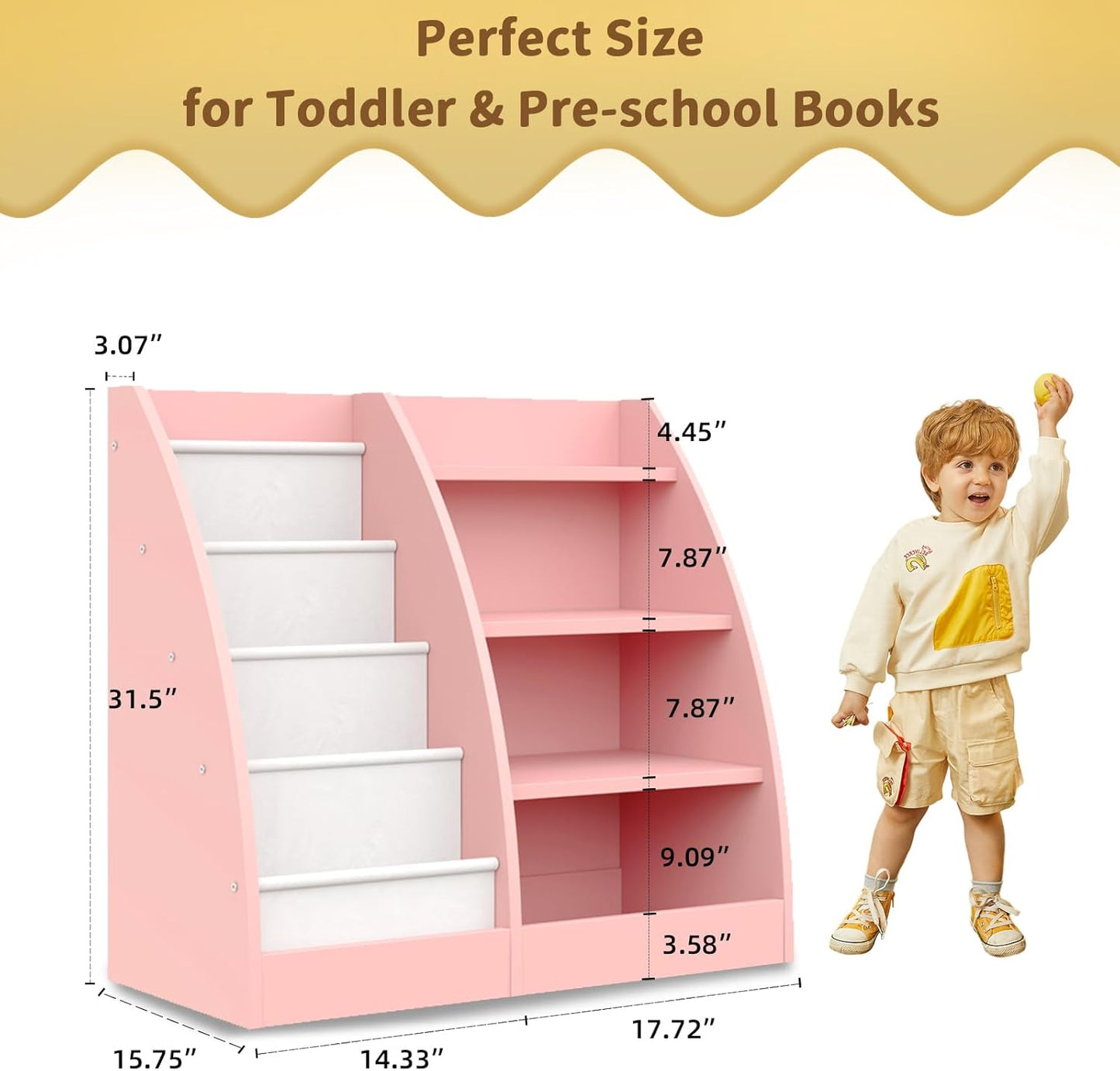 4 Tier Kids Bookshelf Set of 2,4 Layer Sling Kids Book Shelf for Kids Rooms,Wood Children Bookcase,Baby Storage Book Rack,Toddler Bookshelf, Book and Toy Organizer,Book Display Shelf for Nursery