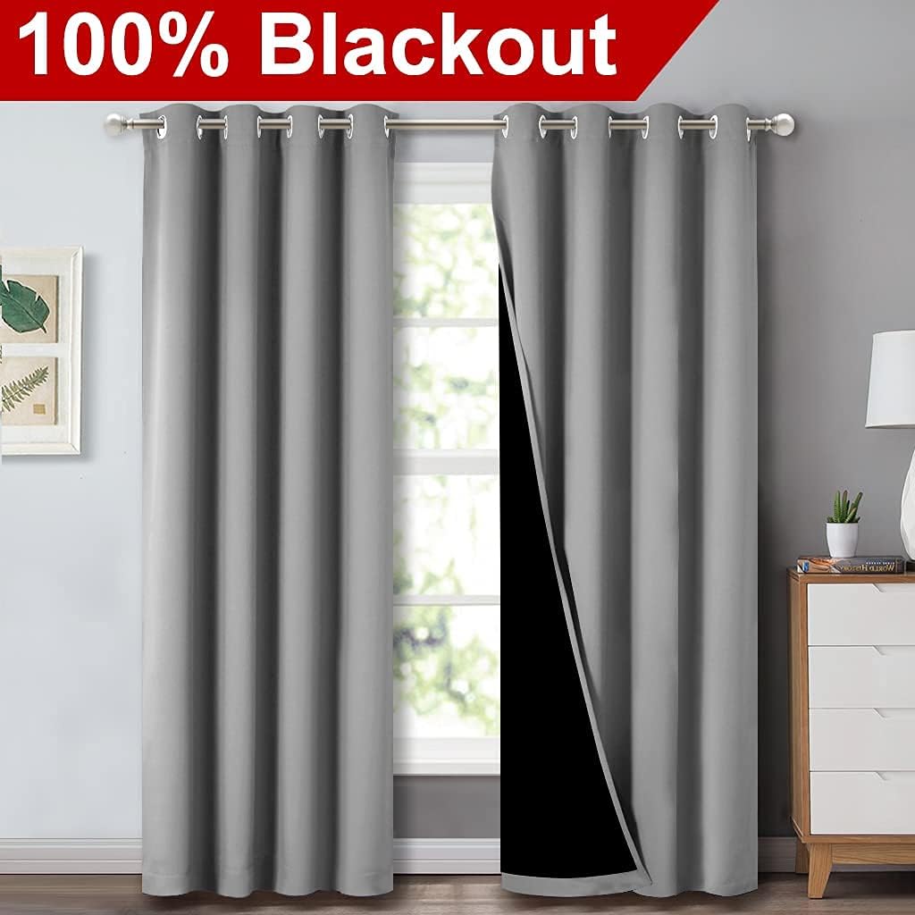 NICETOWN Full Shade Curtain Panels, Pair of Energy Smart & Noise Blocking Out Blackout Drapes for Dining Room Window, Thermal Insulated Guest Room Lined Window Dressing(Silver Grey, 52 x 84 inch)