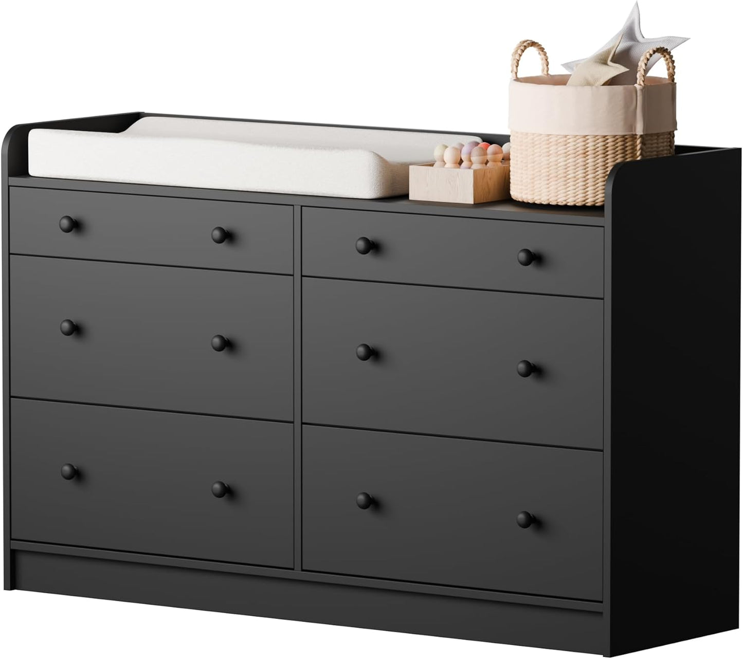 Cozy Castle Baby Dresser with 6 Drawers and Large Table Top, Multi-Functional Chest of Drawer, Drawer Dresser with Three-Sided High Rails for Nursery, Children's Room, Bedroom, Black