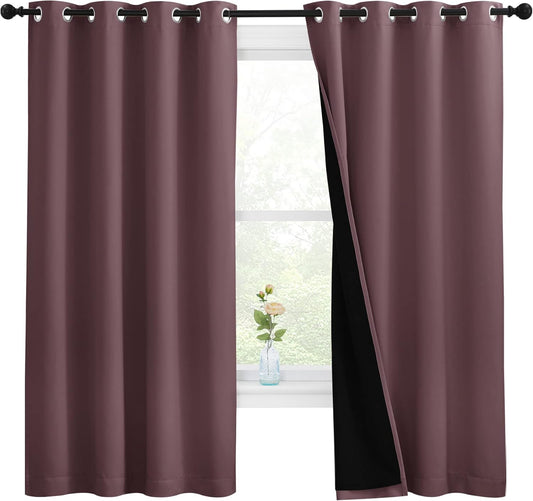 NICETOWN Bedroom Full Blackout Room Warming Curtain Panels, Super Thick Insulated Window Covers, Complete Blackout Draperies with Black Liner for Short Window (Dry Rose, Set of 2, 55 by 68-inch)