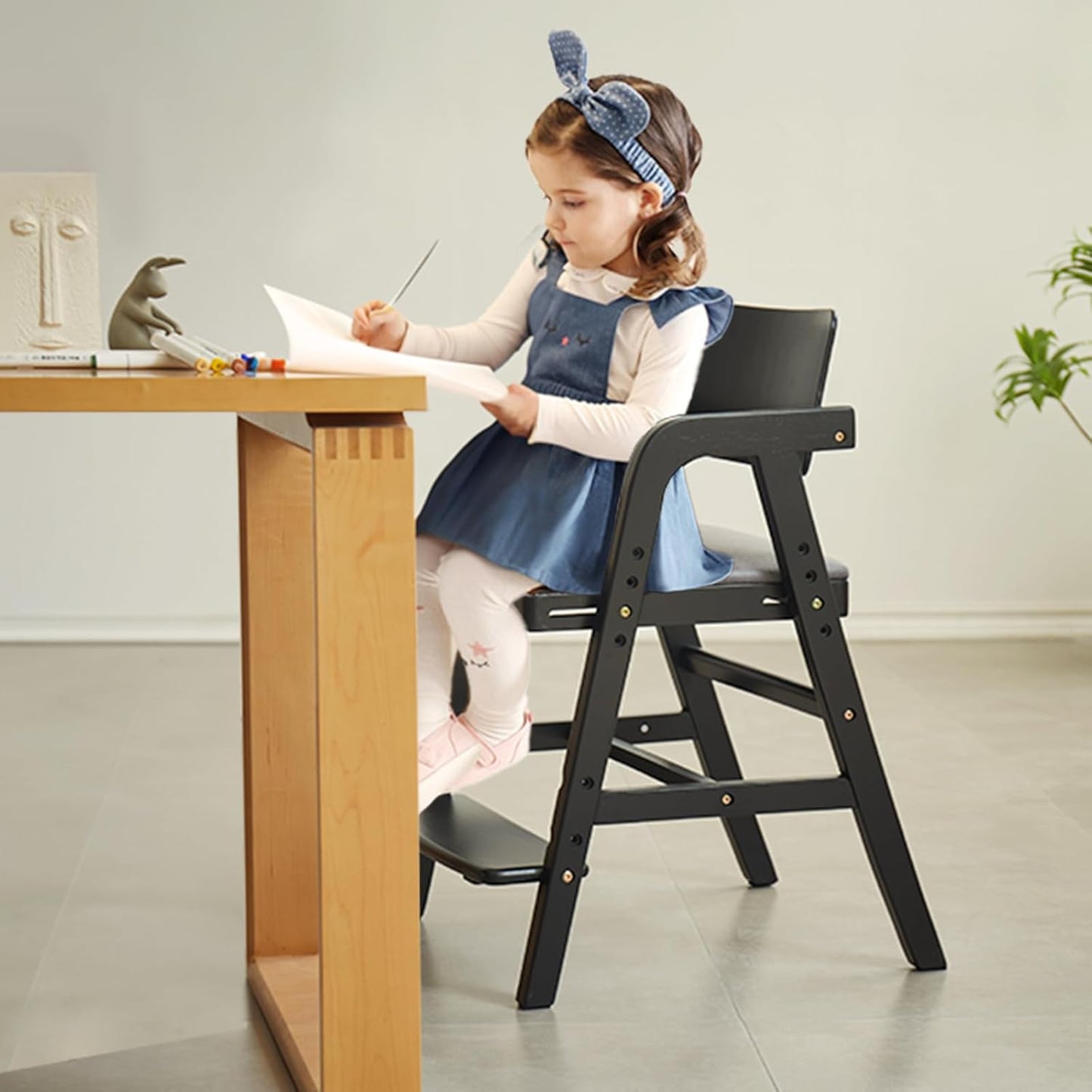 Solid Wood High Chair for Toddlers to Teens, Adjustable Height Toddler Dining Chair, Easy to Clean Toddler Highchair with Removable PU Cushion for Dining, Studying, Step Tool, Black