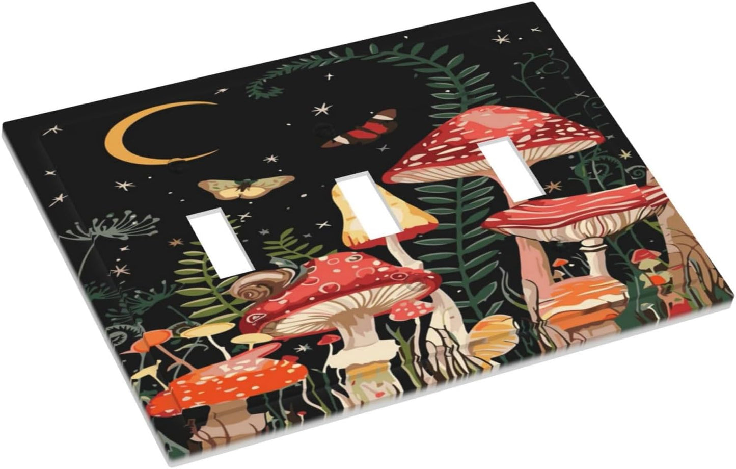 Moon Star Red Mushroom Forest Butterfly Green Plant Decorative Switch Plates 3 Gang Wall Plate Triple Toggle Light Switch Cover Faceplate Electrical Wall Panels for Kids Room Home Decor
