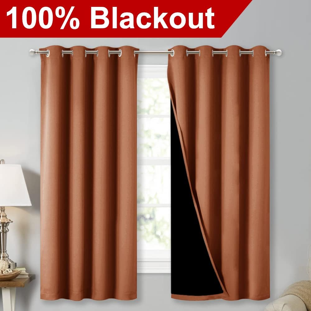 NICETOWN Extra Long Truly Blackout Drapes for Hall and Villa, 46" Width Each Panel, 45" Length, Burnt Orange, 2 Pieces, 100% Blackout Window Curtain Panels with Black Lined for Night Shift Worker