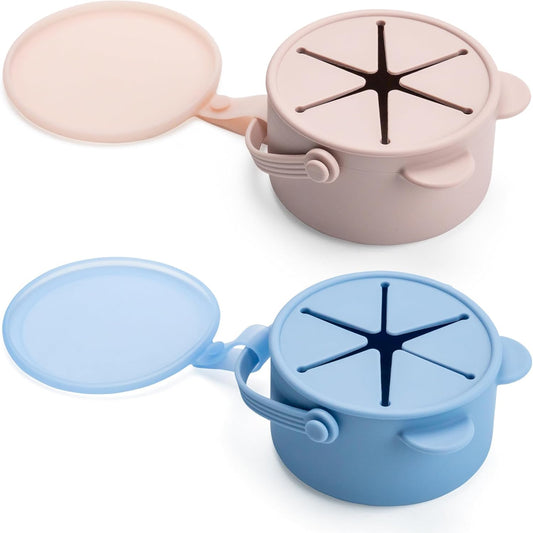 Silicone No Spill Snack Cups for Toddlers – Portable Baby Snack Cup Containers with Dustproof Lid – Dishwasher-Friendly Toddler Spill Proof Cups Without BPA, Lead, or Phthalates – Blue and Pink