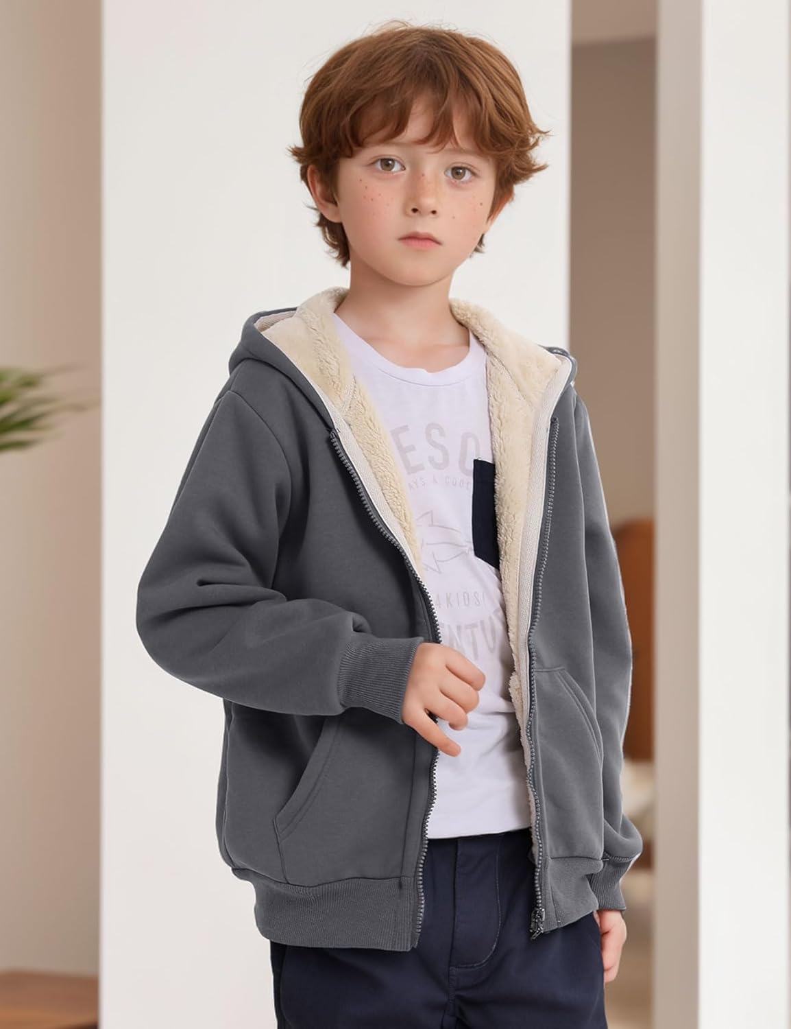 Gihuo Unisex Boy's Girls Winter Warm Sherpa Lined Zip Up Sweatshirt Fleece Jacket Kid's Hoodie Outerwear