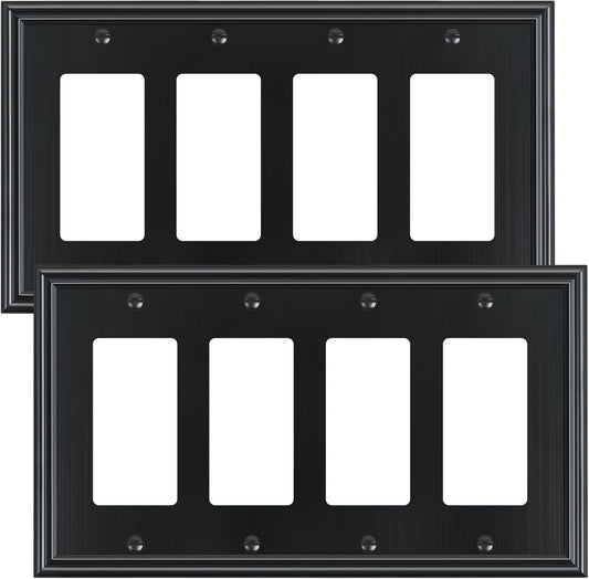 2-Pack Quad Decorator Outlet Cover Plate, Zinc Alloy Decorative Black Switch Plates and Outlet Covers, 4 Gang Wall Plates for Electrical Outlets, Receptacle, GFCI Outlet, Dimmer Switch