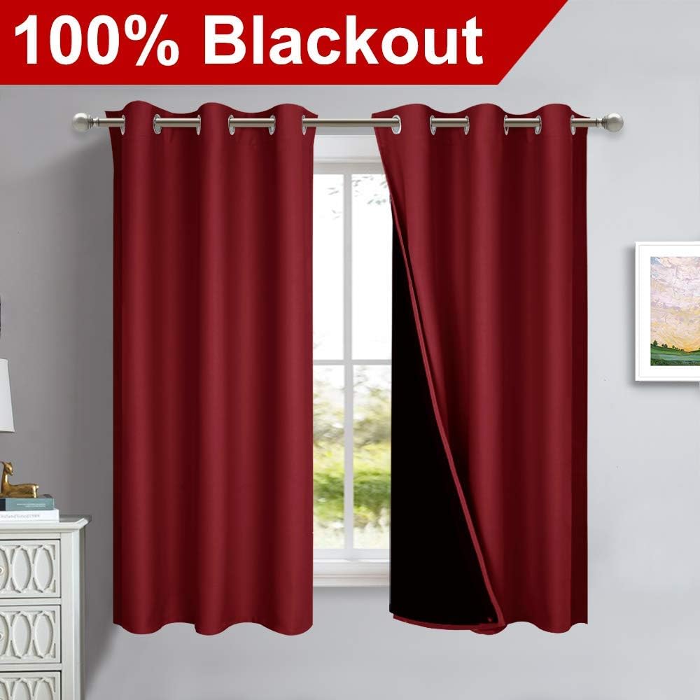 NICETOWN 100% Blackout Short Curtains with Black Liners, 2 Panels, 37" W by 63" L, Burgundy Red, Solid Thermal Insulated Full Blackout 2-Layer Lined Drapes, Energy Efficiency Window Drapes for Bedroom