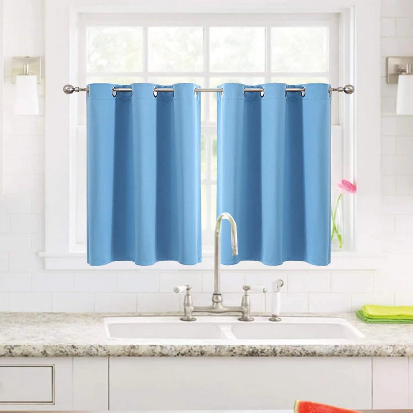 ChrisDowa Small Window Curtains for Kitchen and Bedroom - Grommet Short Thermal Insulated Room Darkening Curtains (2 Panels, Sky Blue, 42 x 36 Inch)