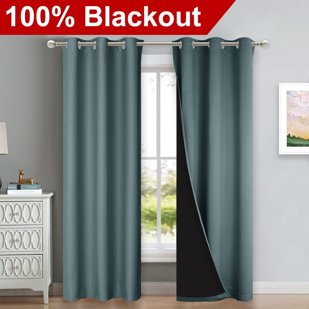 NICETOWN Greyish Blue Blackout Curtains 80 inches Long, Full Light Blocking Drapes with Black Liner for Nursery, Thermal Insulated Draperies for Hall, Villa (2 Pieces, 42" Wide Each Panel)